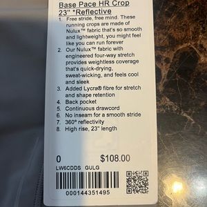 Size 0 Lululemon Base Pace HR Crop 23” *reflective